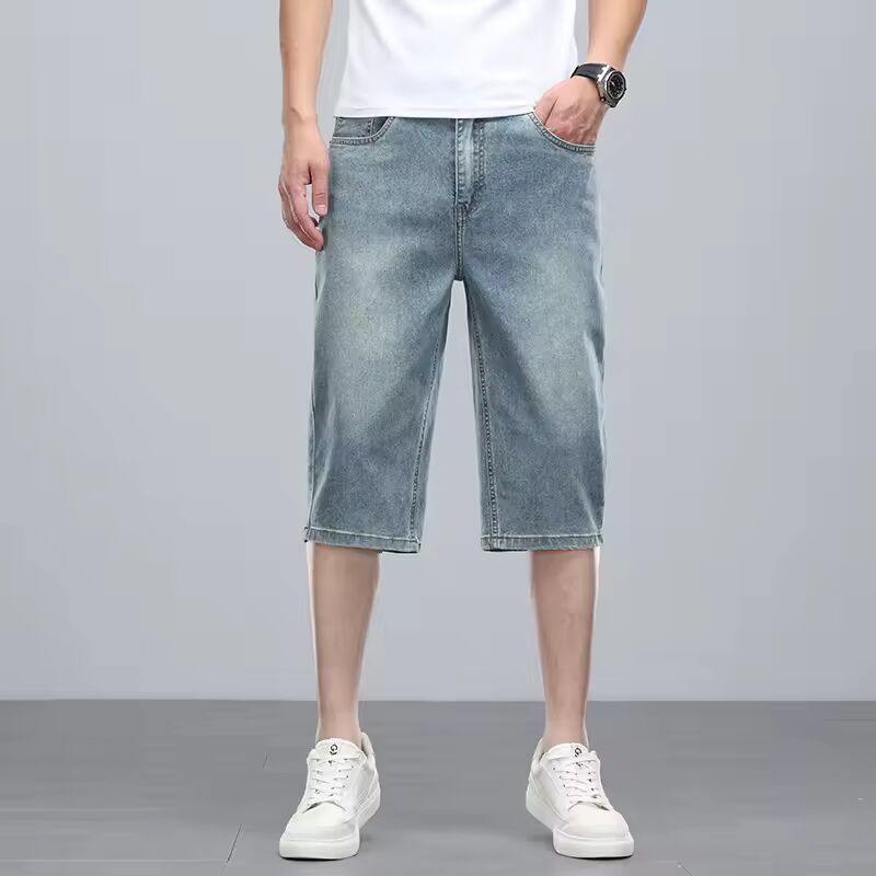 Summer men's six inch shorts over the knee thin straight tube minimalist elastic denim shorts Baggy Jeans Shorts for Men 3/4