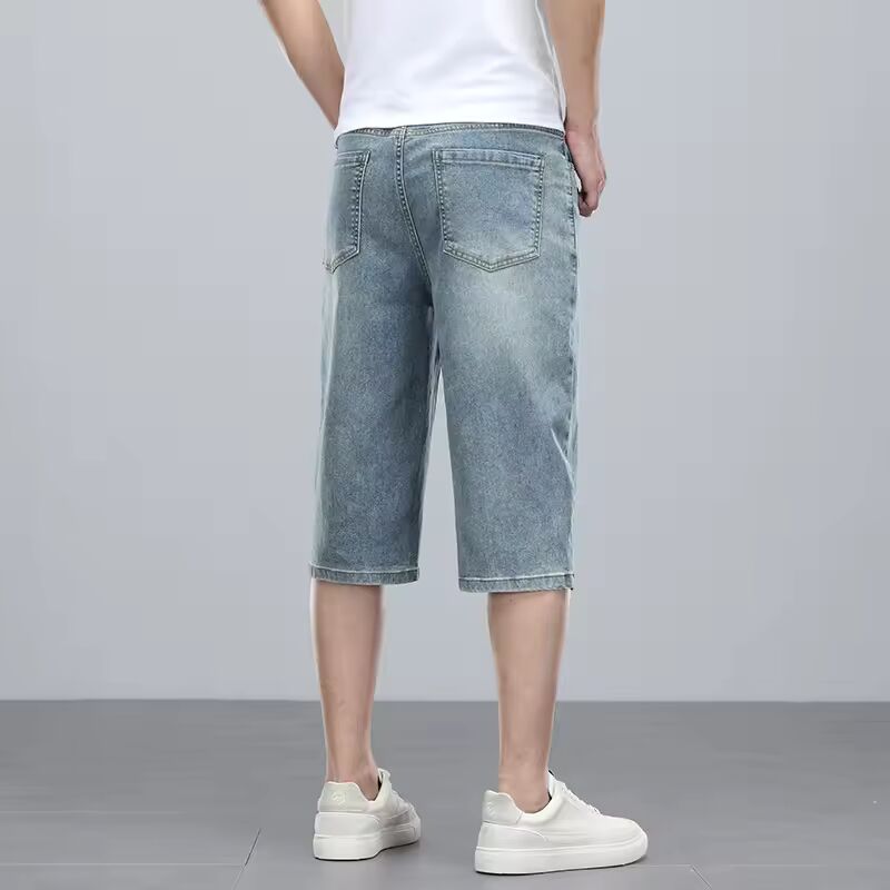 Summer men's six inch shorts over the knee thin straight tube minimalist elastic denim shorts Baggy Jeans Shorts for Men 3/4
