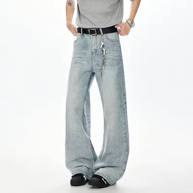 IEFB Korean Style Men Denim Pants Solid Color Washed Moustache Effect Wide Leg Trousers Loose Male Straight Jeans Summer 9W3298