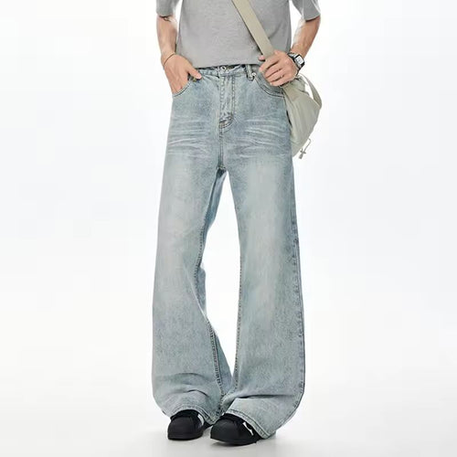IEFB Korean Style Men Denim Pants Solid Color Washed Moustache Effect Wide Leg Trousers Loose Male Straight Jeans Summer 9W3298