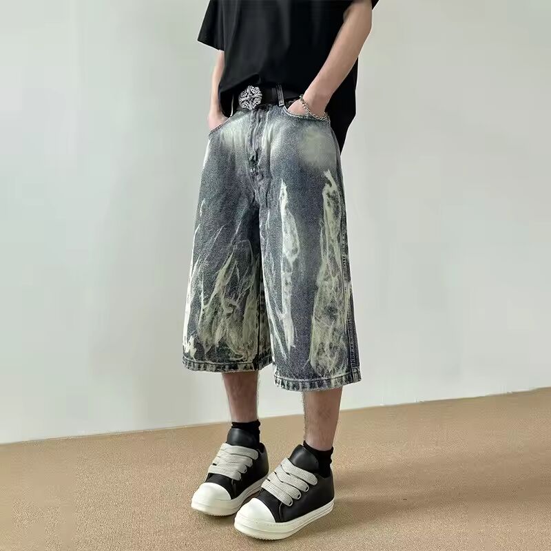 2025 New Flame Graphic Print Denim Shorts For Men Hip Hop Fashion Straight-leg Baggy Jorts Punk Tie Dye Gradient Y2K Short Jean