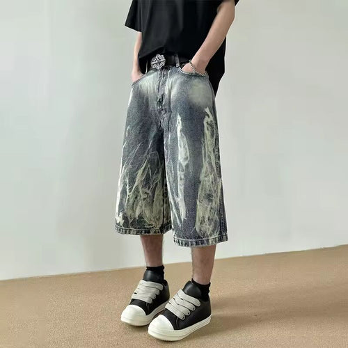 2025 New Flame Graphic Print Denim Shorts For Men Hip Hop Fashion Straight-leg Baggy Jorts Punk Tie Dye Gradient Y2K Short Jean