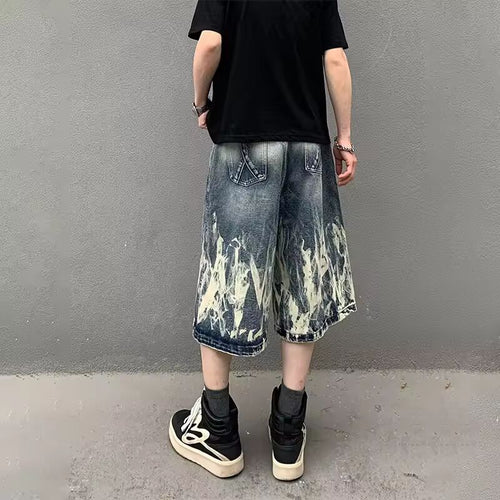 2025 New Flame Graphic Print Denim Shorts For Men Hip Hop Fashion Straight-leg Baggy Jorts Punk Tie Dye Gradient Y2K Short Jean