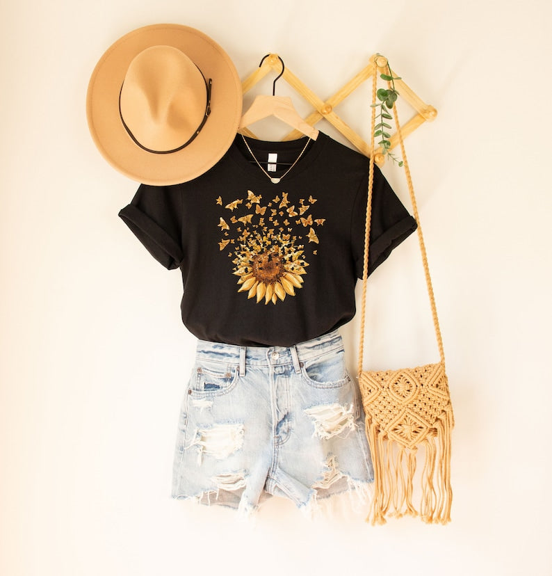Sunflower Butterfly Shirt, Butterfly Tee, Mothers Day Gift Shirt, Sunflower Shirt, Floral V-neck, Flowers Gift T-shirt, Botanical Tee,Flower